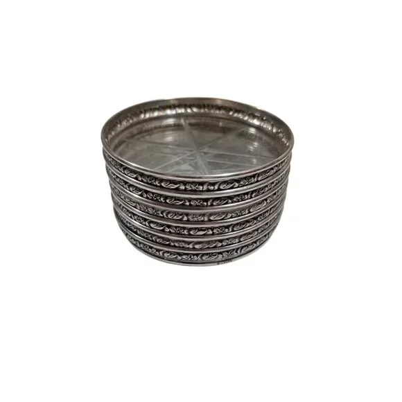 Vintage Sterling Silver Floral Rim Etched Glass Set Of 6 Coasters 164.44 grams - Picture 6 of 7